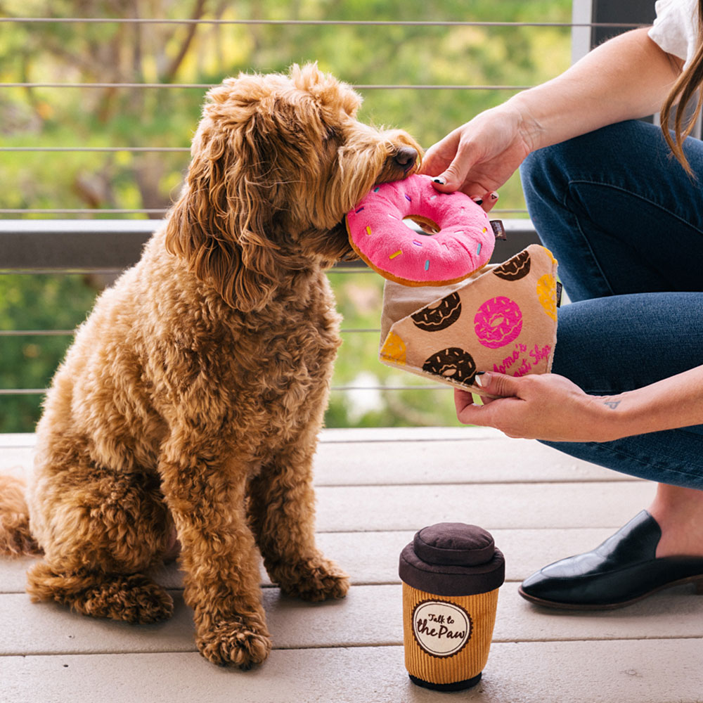 P.L.A.Y. - Pup Cup Café Collection Doughboy Donut Plush Interactive Dog Toy  - Hala's Paws