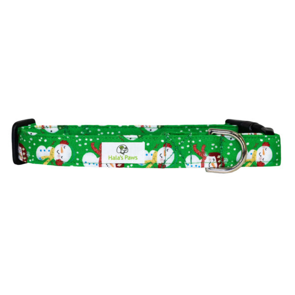 Holiday green snowmen dog collar