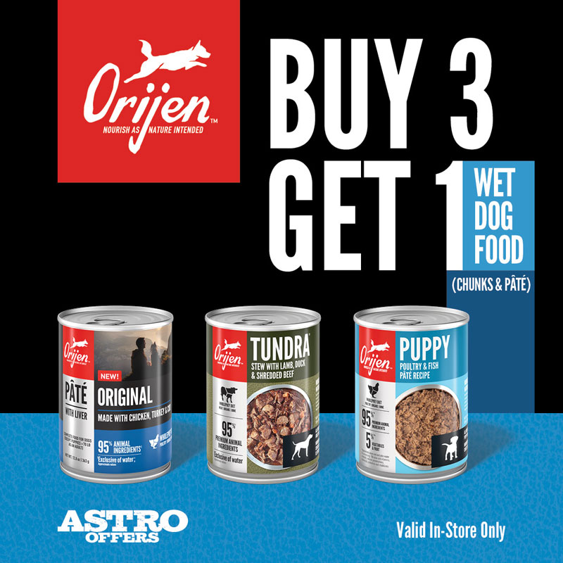 ORIJEN | Buy 3, Get 1 FREE on ORIJEN Wet Dog Food Buy 3, Get 1 FREE on 12.8oz cans of ORIJEN Wet Dog Food.