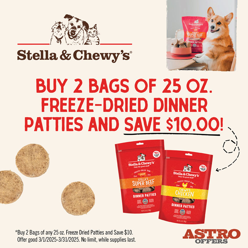 Stella & Chewy's | Buy (2) 25oz Freeze Dried Dinner Patties, Save $10.00! Save $10.00 on a purchase of 2 bags of Stella & Chewy's 25 oz. Freeze Dried Dinner Patties for Dogs.