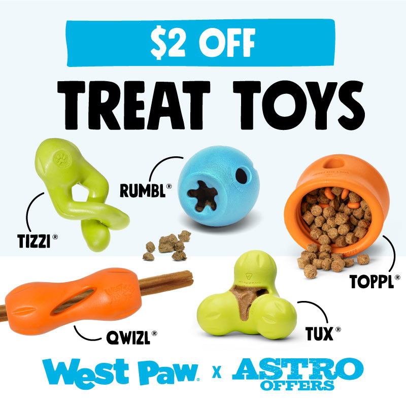 West Paw | $2.00 OFF Select Puzzle & Treat Toys Save $2.00 on some of West Paw's best Puzzle & Treat Toys! Offer includes all sizes of Tizzi, Rumbl, Toppl, Tux and Qwizl!