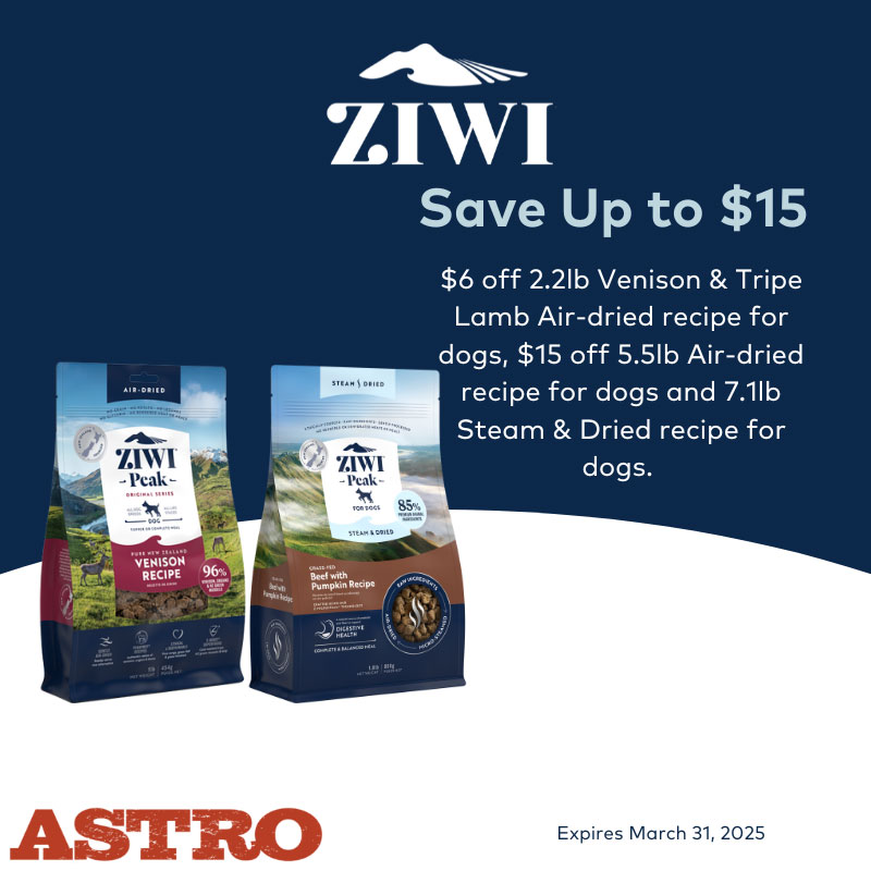 ZIWI | Dollars OFF Select Air-Dried and Steam & Dried Dog Recipes Save $6.00 on 2.2lb bags of Tripe & Lamb and Venison Air-Dried Recipes for Dogs. Save $15.00 on 5.5lb bags of Air-dried and 7.1lb bags of Steam & Dried Recipes for Dogs.